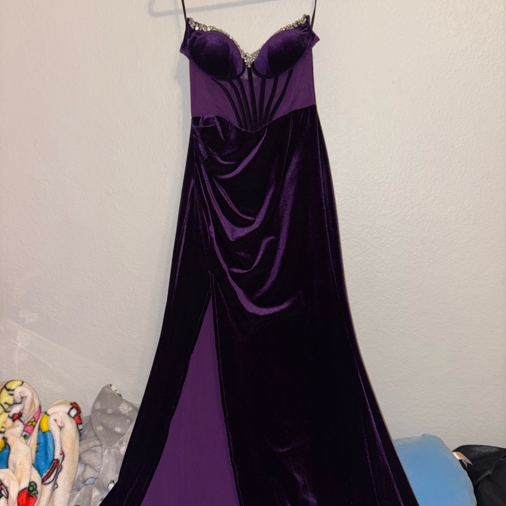 (SOLD) Cadyce Purple Velvet Corset Dress with Rhinestones and thigh slip